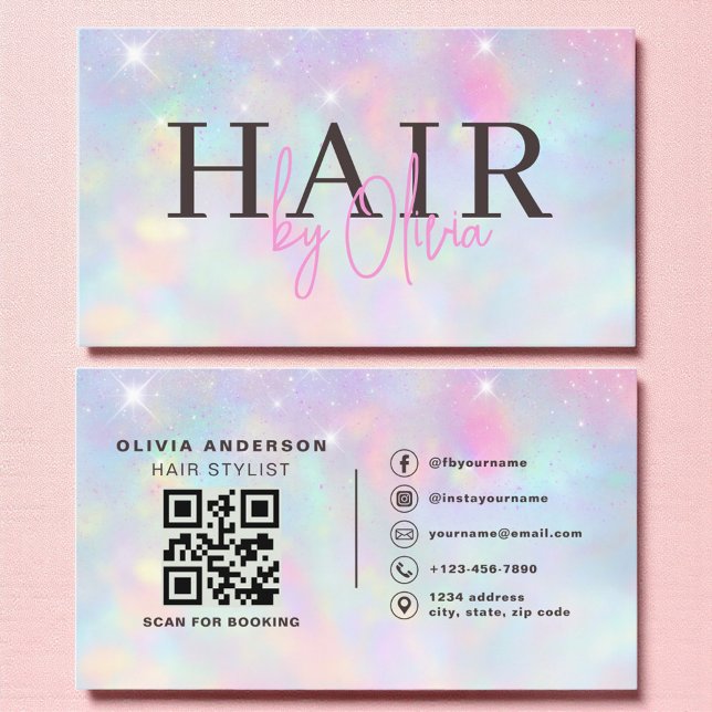 Cartão De Visita Opal Glitter QR Code Hair Stylist Modern (Criador carregado)