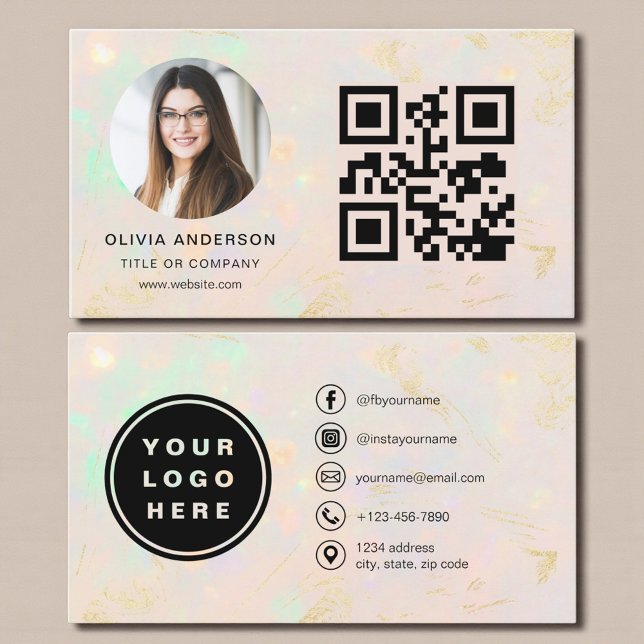Cartão De Visita Opal Moderno Minimalista com Foto e Código QR (Criador carregado)