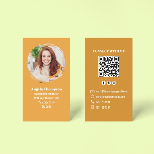 Cartão De Visita Orange Photo QR Code Connect with Me Business (Business card with modern photo template and orange theme.)