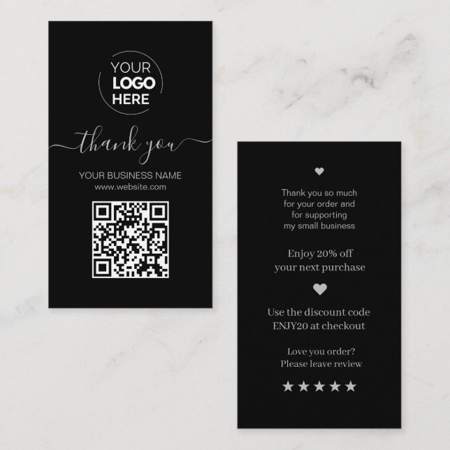 Cartão De Visita Ordem Preta do Código QR do Script Moderno Obrigad (Frente/Verso)