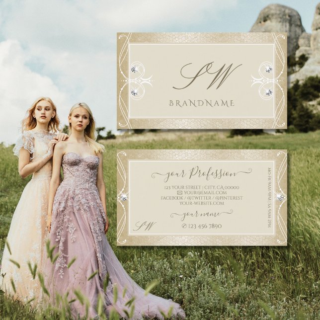 Cartão De Visita Ornamentado do Mosaico Beige Cream Minirograma Mon (Criador carregado)