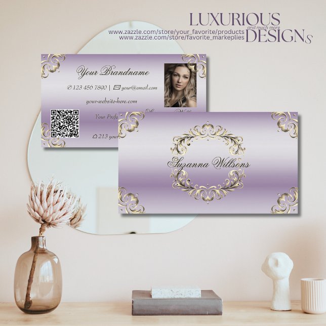 Cartão De Visita Ornamentado Dourado da Lavanda clássica com código (Criador carregado)