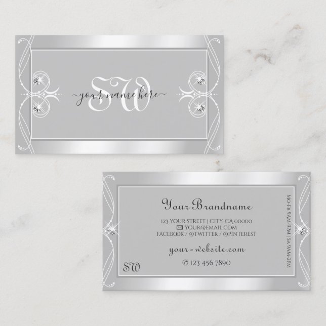 Cartão De Visita Ornamentado Prateado Luz Cinza Minúscula Monograma (Frente/Verso)