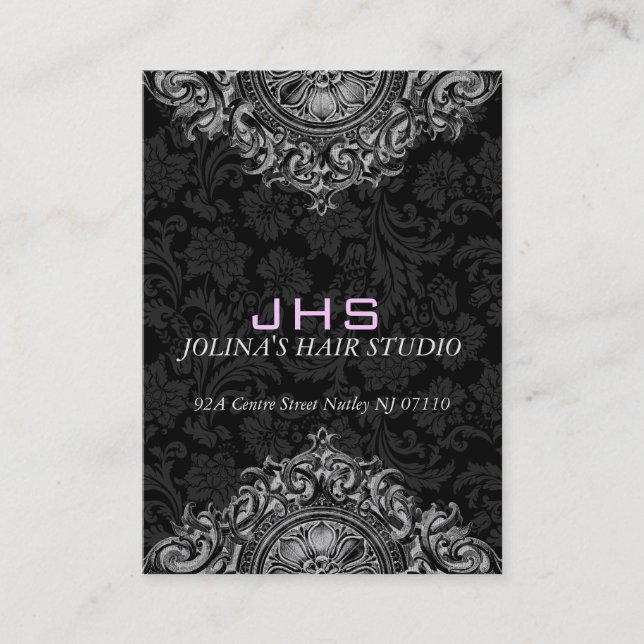 Cartão De Visita Ornamento Floral Elegante Preto e Branco (Frente)