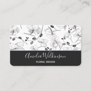 Cartão De Visita Orquídeas elegantes, chic floral branco e preto