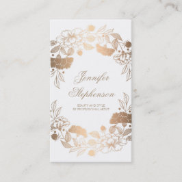 Cartão De Visita Ouro chique e elegante floral branco e vintage