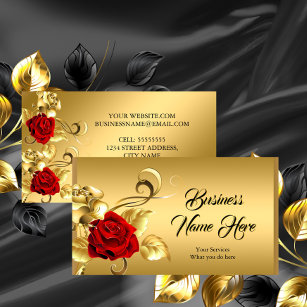 Cartão De Visita Ouro Elegante Classy Rosa vermelha Folha Dourada F
