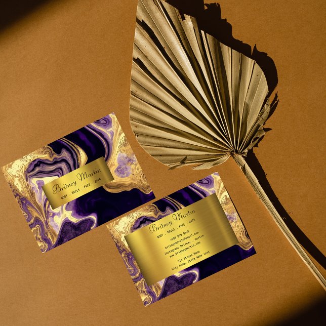 Cartão De Visita Ouro elegante e roxo (Criador carregado)