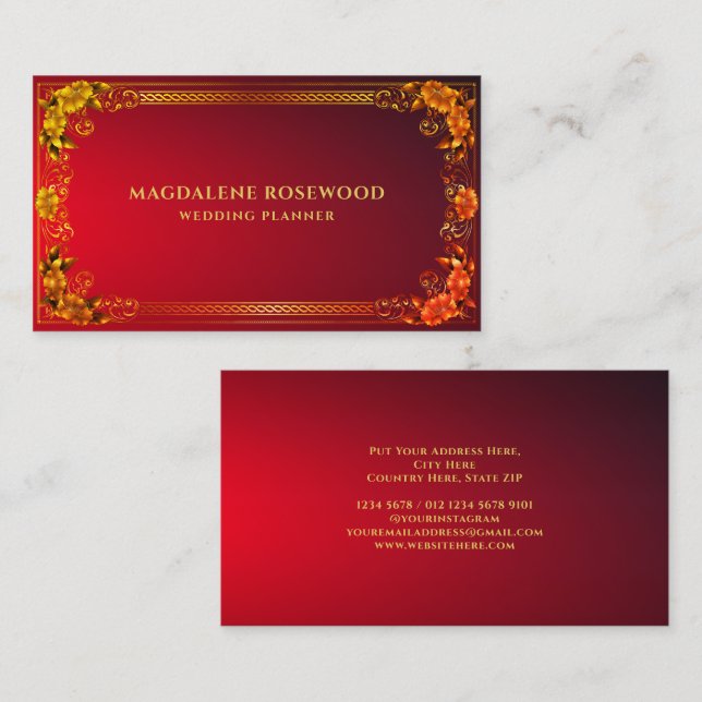 Cartão De Visita Ouro esculpido de flores regais em vermelho-claro (Frente/Verso)