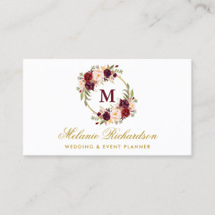 Cartão De Visita Ouro floral do monograma de Borgonha Marsala da