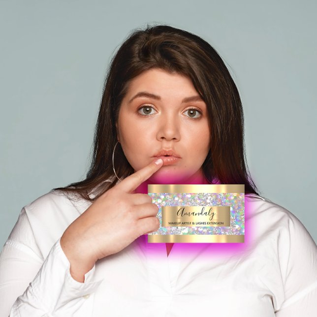 Cartão De Visita Ouro Frame Event MakeupBeauty Compro Holographic (Silver Strokes Marble Beauty Shop Holographic Business Card )