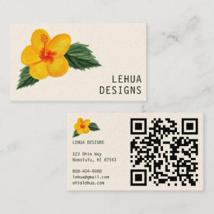 Cartão De Visita Ouro Hibiscus Watercolor Código QR tropical único