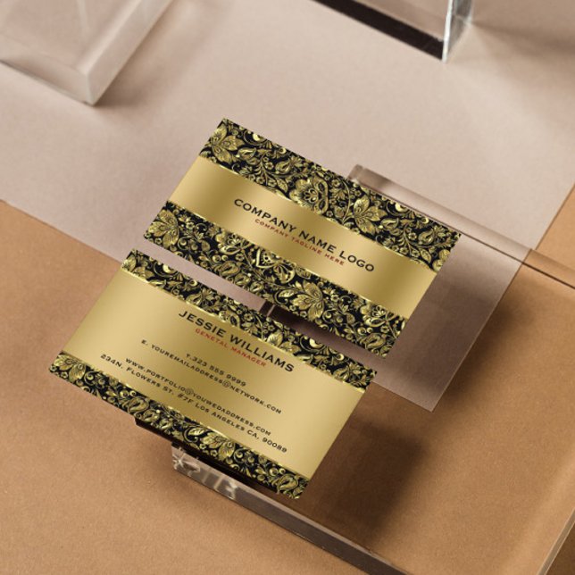 Cartão De Visita Ouro metálico Aço Inoxidável e Damascos Florais (Criador carregado)