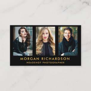 Cartão De Visita Ouro moderno do preto do fotógrafo de 3 fotos