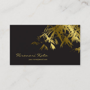 Cartão De Visita Ouro Oriental E Folhas De Bambu Preto Elegante Zen