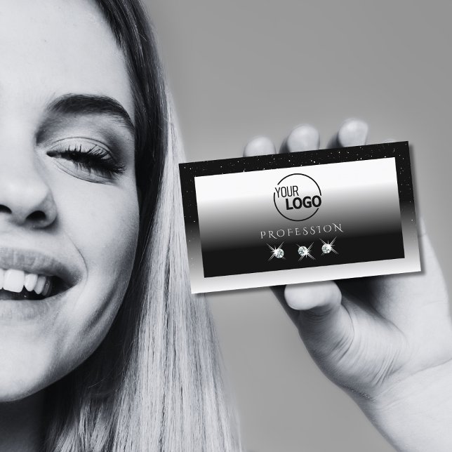 Cartão De Visita Ouros brilhantes brancos e pretos elegantes com lo (Criador carregado)