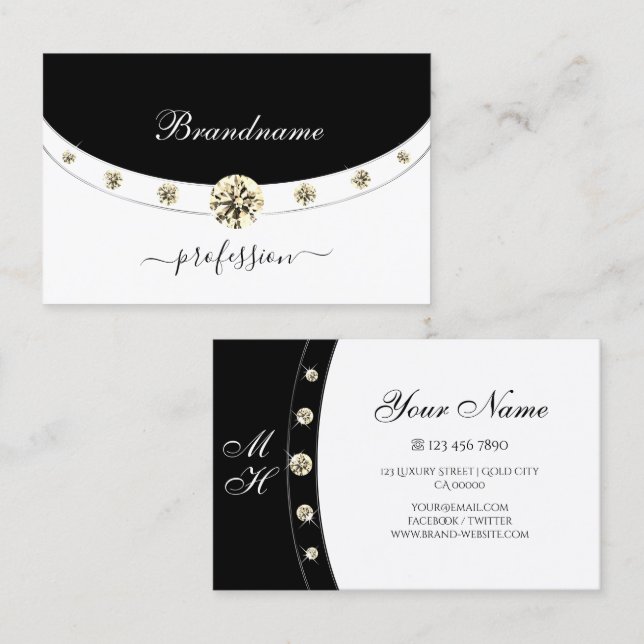 Cartão De Visita Ouros de monograma branco e preto prata elegante (Frente/Verso)