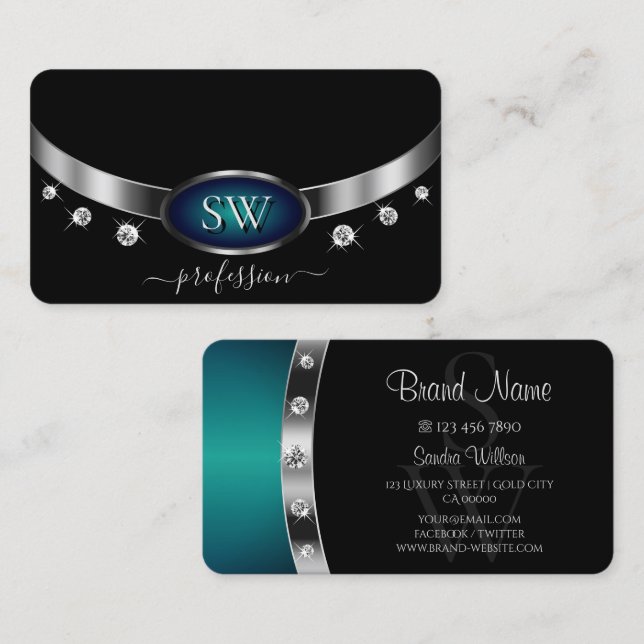 Cartão De Visita Ouros do monograma azul do oceano prateado negro e (Frente/Verso)