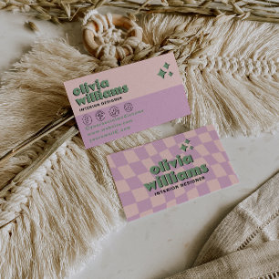 Cartão De Visita Ousado Retro Rosa Verde Boho Xadrez Único