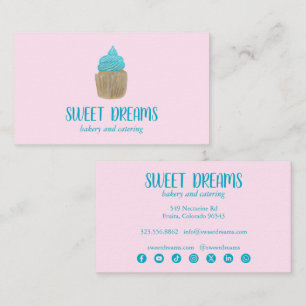 Cartão De Visita Padaria de Catering de Cupcake Doce Rosa Azul Soci
