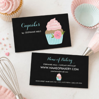Cartão De Visita Padaria de Cupcake Black Aqua Floral