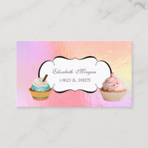 Cartão De Visita Padaria de Cupcake Fofa e Colorida Holográfica na 