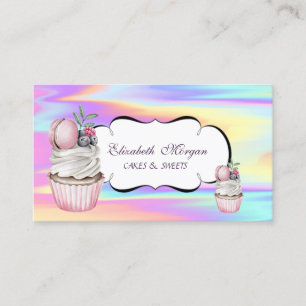 Cartão De Visita Padaria de Macarons Cupcake Fofa Holográfica Color
