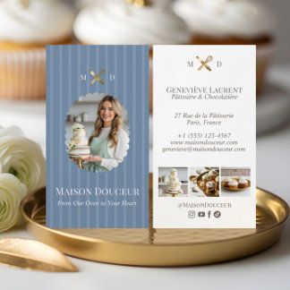Cartão De Visita Padaria Elegante Chic Listras e Batedeira Dourada 