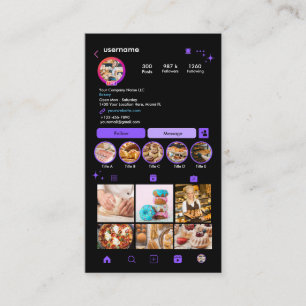 Cartão De Visita Padaria Instagram Chef Pastelaria Púrpura QR