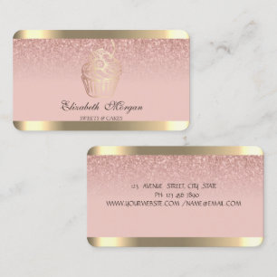 Cartão De Visita Padaria Listra Dourada Cupcake Brilho Dourado Rosa