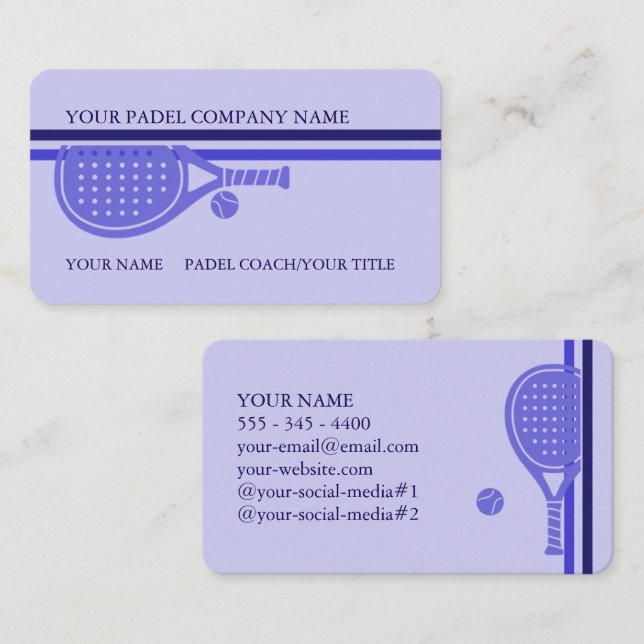 Cartão De Visita Padel Business Card-Sleek Padel Style–Blue Lilac (Frente/Verso)
