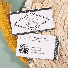 Cartão De Visita Padrão boho preto e branco feminino com logotipo