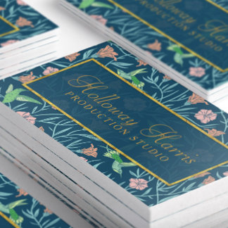 Cartão De Visita Padrão Chic Blue Hummingbird e Flores