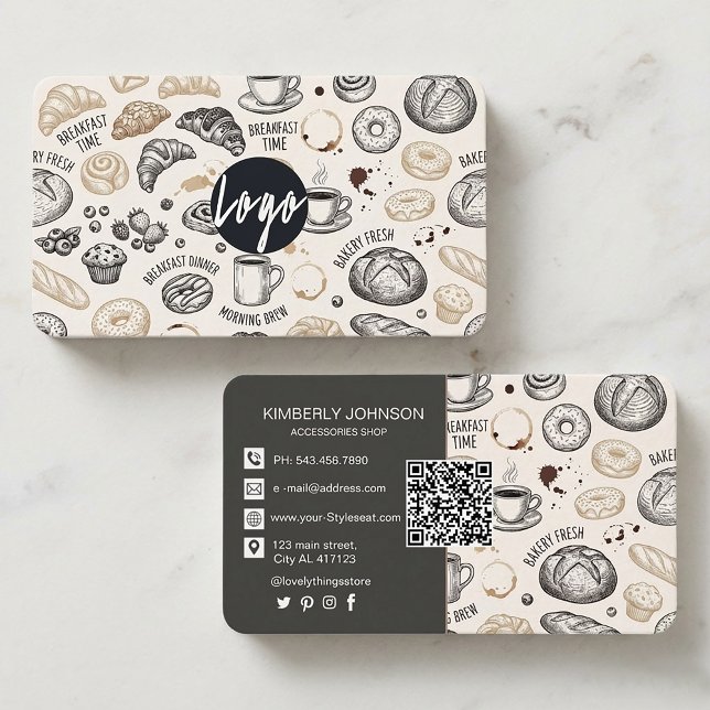 Cartão De Visita Padrão contínuo de padaria de café da manhã retrô (#bakerybranding #bakerybusiness #bakerydesign #cafebranding #cafedesign
#businesscarddesign )