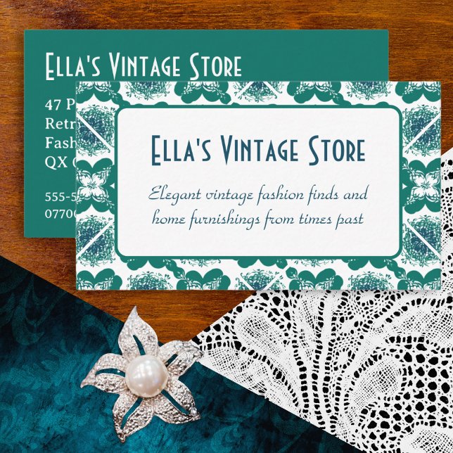 Cartão De Visita Padrão de Azulejo Retro com Código QR de Moda Vint (An elegant, vintage-inspired business card with green retro tiles pattern and customisable QR code)