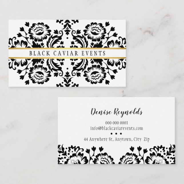 Cartão De Visita Padrão de colheita de DAMASK ELEGANTE branco preto (Frente/Verso)