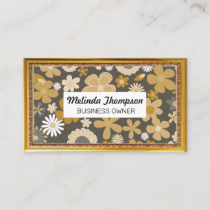 Cartão De Visita Padrão de Flor de Cutesy  Quadro Antiquado Dourad
