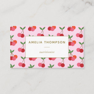Cartão De Visita Padrão de Fruta de cereja em rosa e vermelho perso