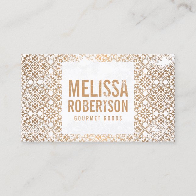 Cartão De Visita Padrão de Vintagem Branca e Cobre Estimulado à Mão (Frente)