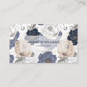 Cartão De Visita Padrão Floral Branco Azul Rosa Personalizado Profi