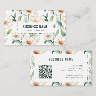 Cartão De Visita Padrão Floral Branco Código QR de Verdura Verde