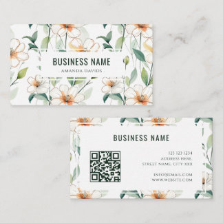 Cartão De Visita Padrão Floral Branco Código QR de Verdura Verde