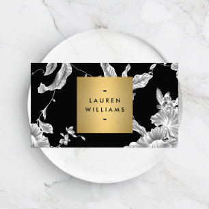 Cartão De Visita Padrão Floral Branco e Preto Vintage