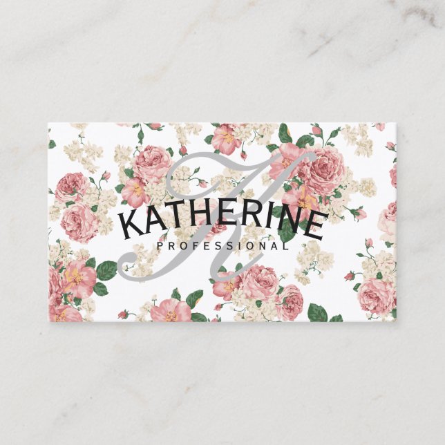 Cartão De Visita Padrão Floral Clássico da Cinza Monográfica (Frente)