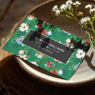 Cartão De Visita Padrão Floral Coral Azul Boho Verde