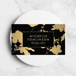 Cartão De Visita Padrão Floral Dourado Elegante no Designer Preto