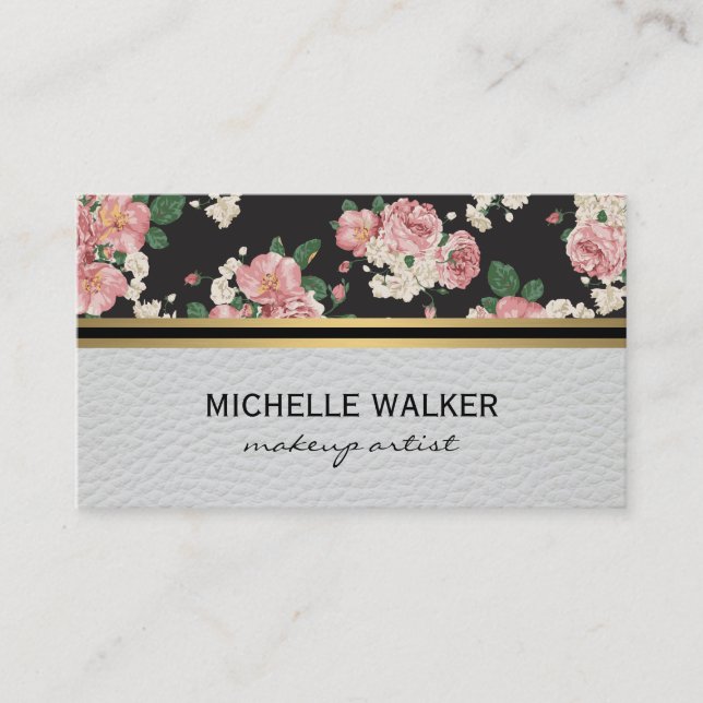 Cartão De Visita Padrão Floral Elegante Dourado Mármore Metálico (Frente)