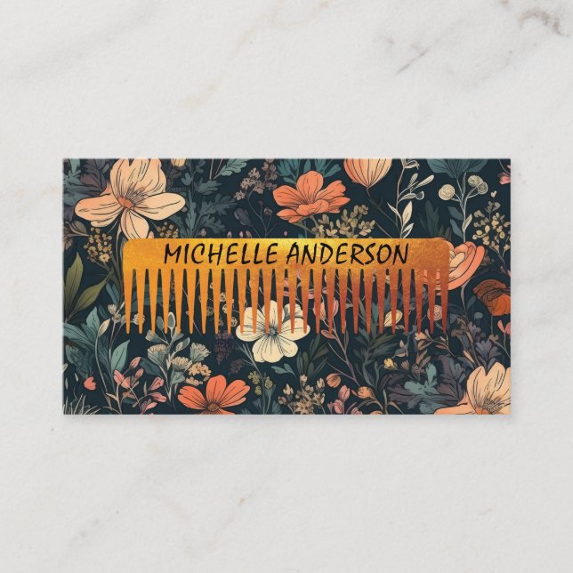 Cartão De Visita Padrão Floral | Estylist para o cabelo Comb (Frente)