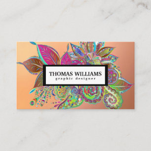 Cartão De Visita Padrão floral paisley aquarela vermelho azul