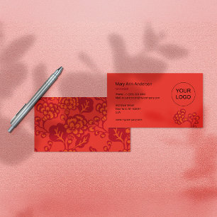 Cartão De Visita Padrão Floral Vermelho e Laranja Vibrante e Negrit